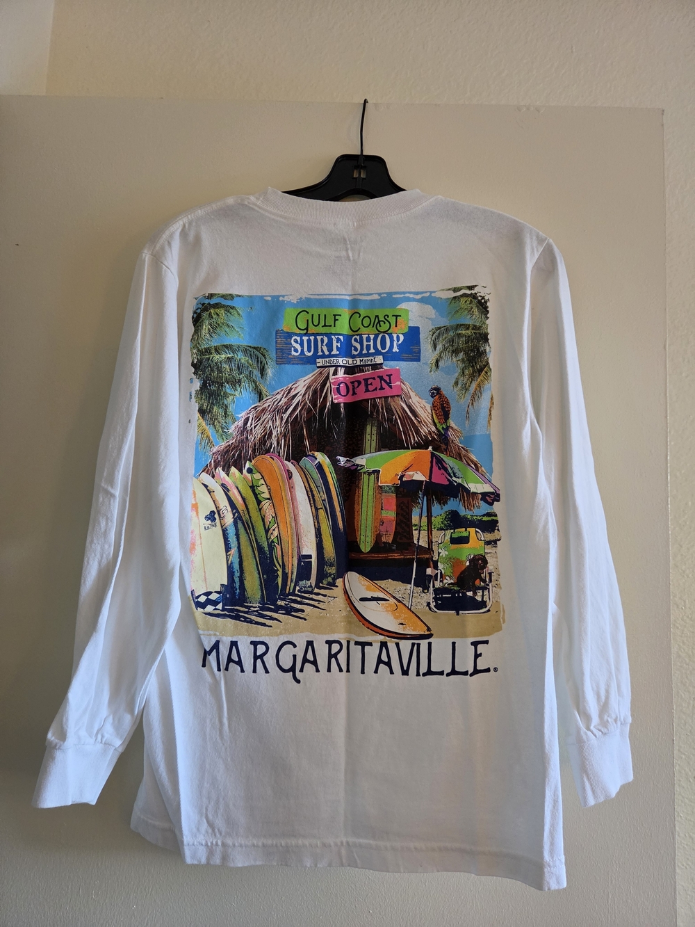 Margaritaville White Long Sleeve Surf Shop Graphic Tee with Multicolor Print - Picture 1 of 3